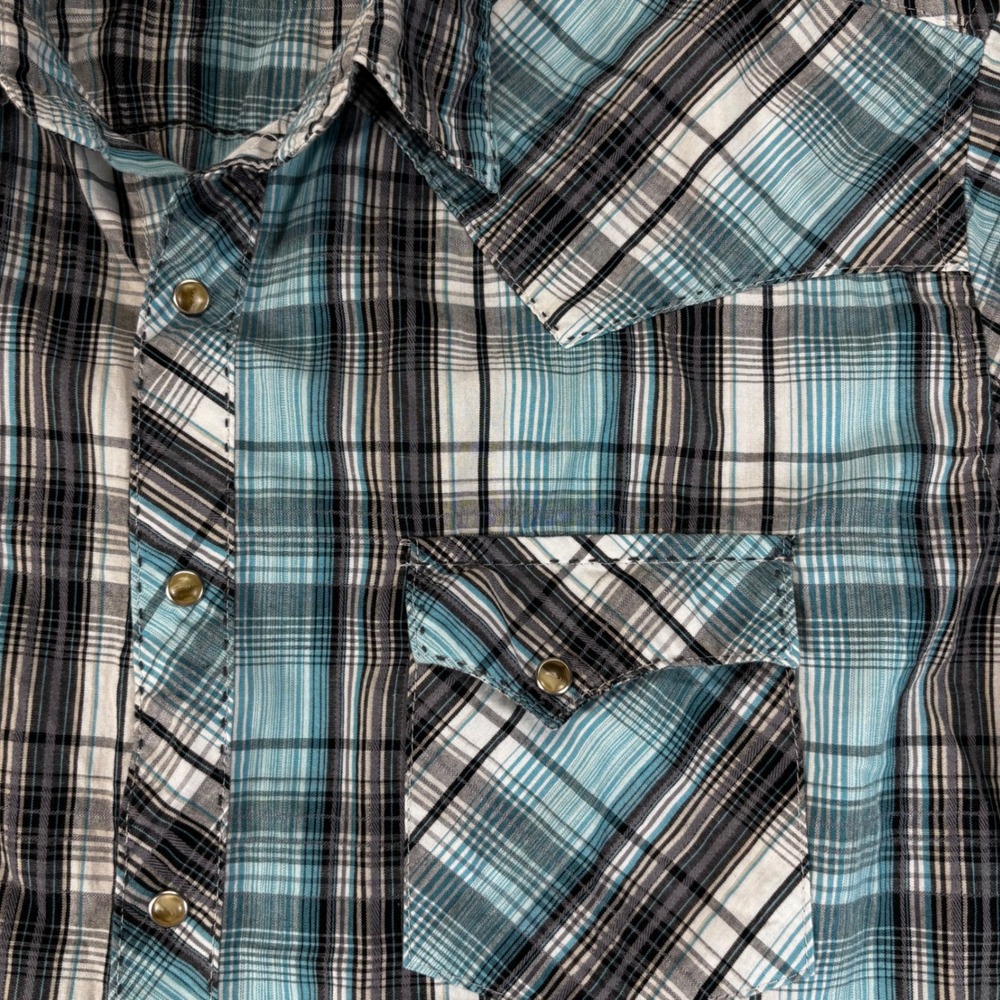 Wrangler Western Snap Shirt Mens XL Turquoise Black Plaid Excellent Pearl Snap - Picture 2 of 8